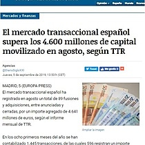 El mercado transaccional espaol supera los 4.600 millones de capital movilizado en agosto, segn TTR